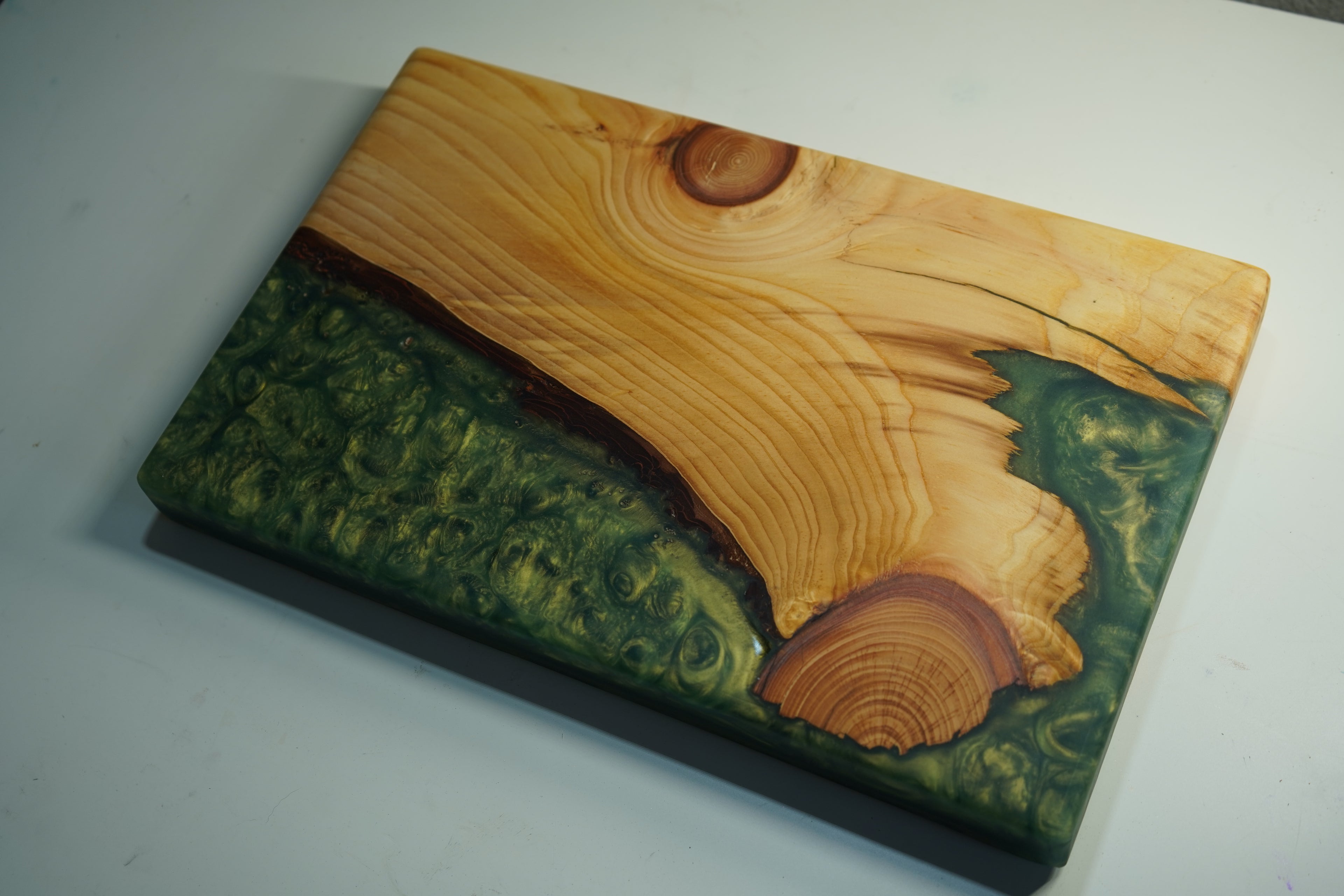 Red Oak Live Edge Cutting Board with Moss Green Epoxy