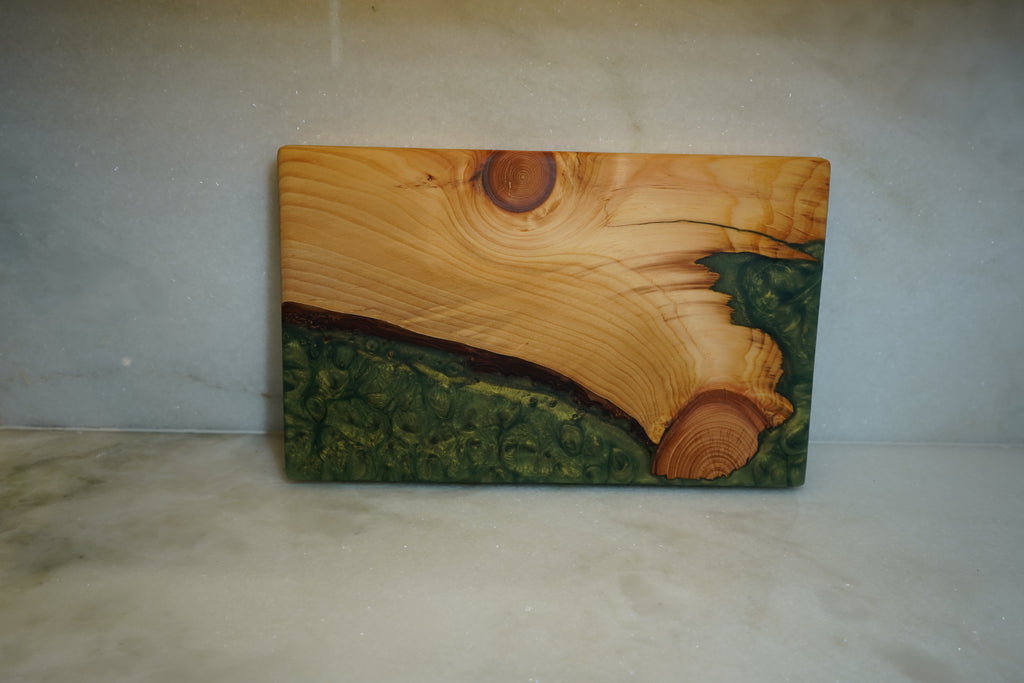 Red Oak Live Edge Cutting Board with Moss Green Epoxy