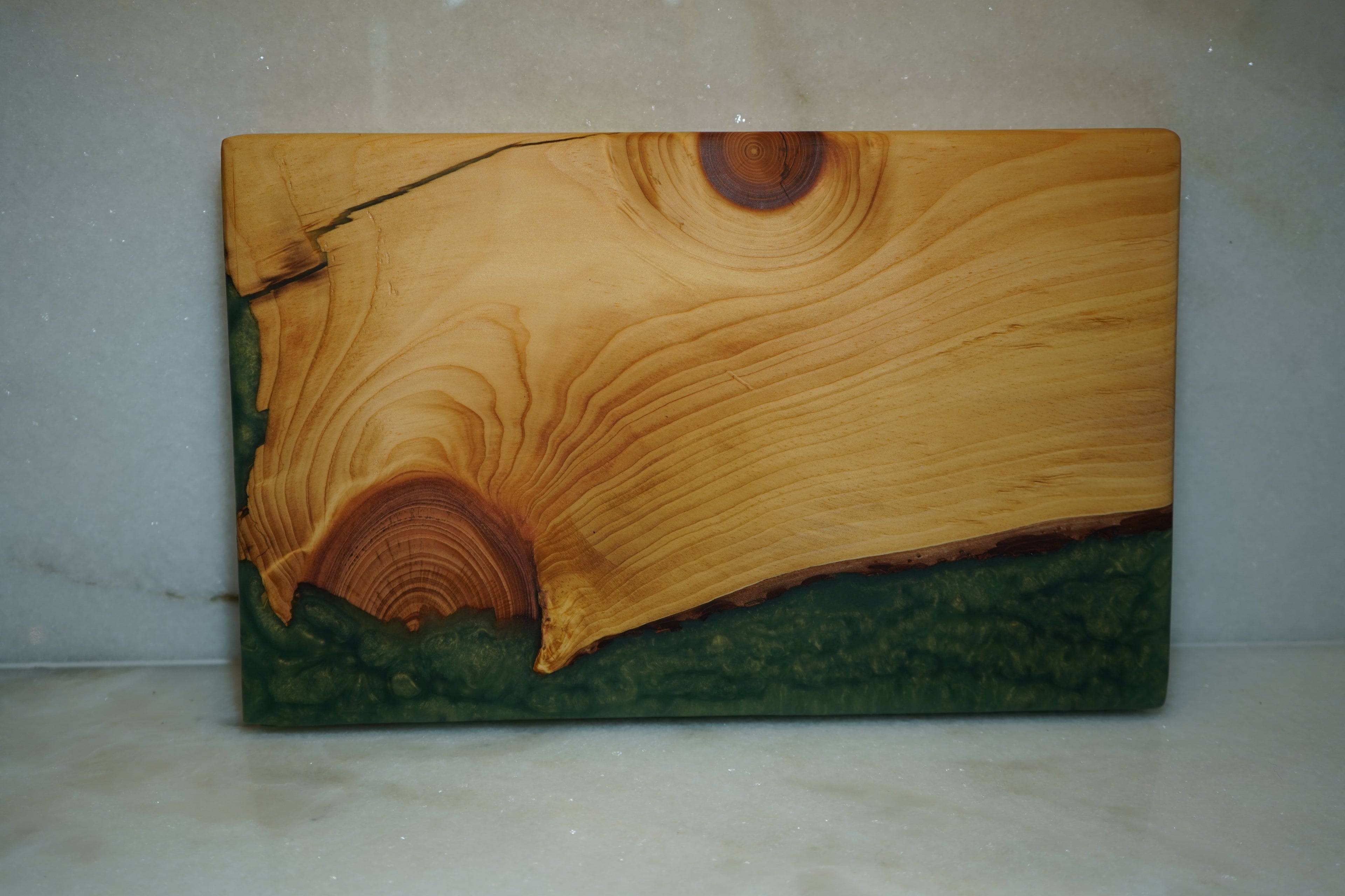 Red Oak Live Edge Cutting Board with Moss Green Epoxy
